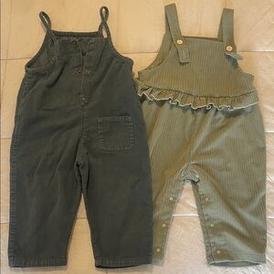 Zara Kids Corduroy Overalls Set - Dark Green and Light Green